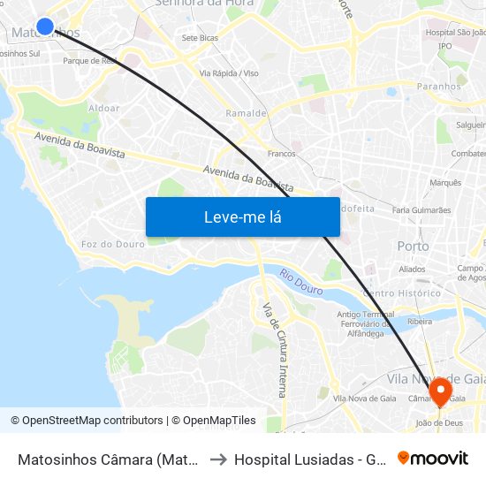 Matosinhos Câmara (Matc1) to Hospital Lusiadas - Gaia map