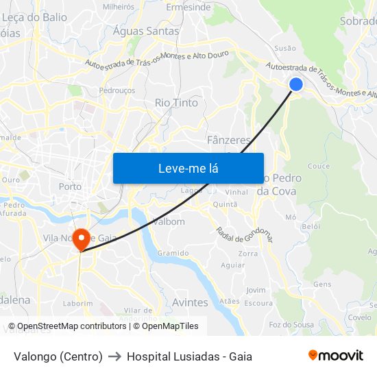 Valongo (Centro) to Hospital Lusiadas - Gaia map