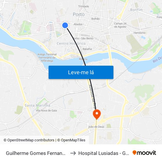 Guilherme Gomes Fernandes to Hospital Lusiadas - Gaia map