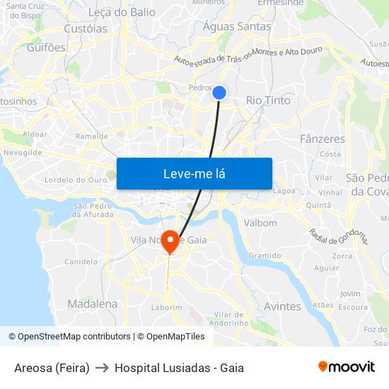 Areosa (Feira) to Hospital Lusiadas - Gaia map