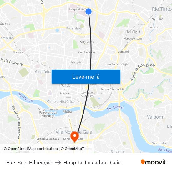 Esc. Sup. Educação to Hospital Lusiadas - Gaia map