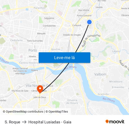 S. Roque to Hospital Lusiadas - Gaia map
