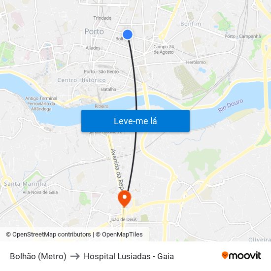 Bolhão (Metro) to Hospital Lusiadas - Gaia map