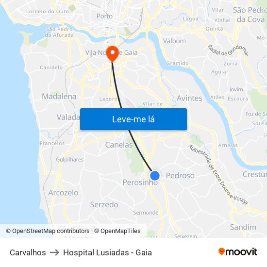 Carvalhos to Hospital Lusiadas - Gaia map