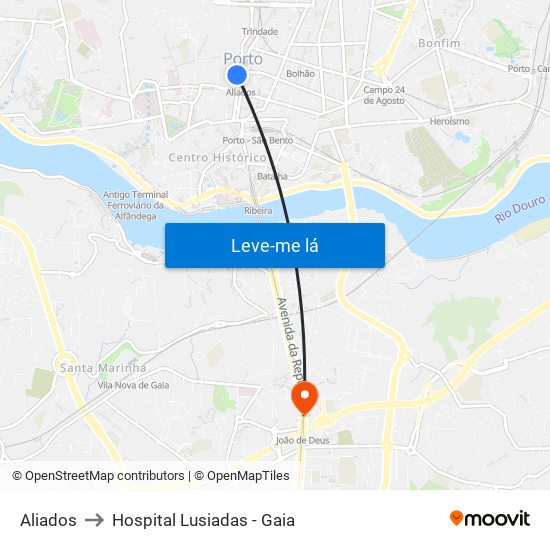 Aliados to Hospital Lusiadas - Gaia map