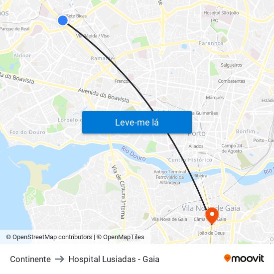Continente to Hospital Lusiadas - Gaia map
