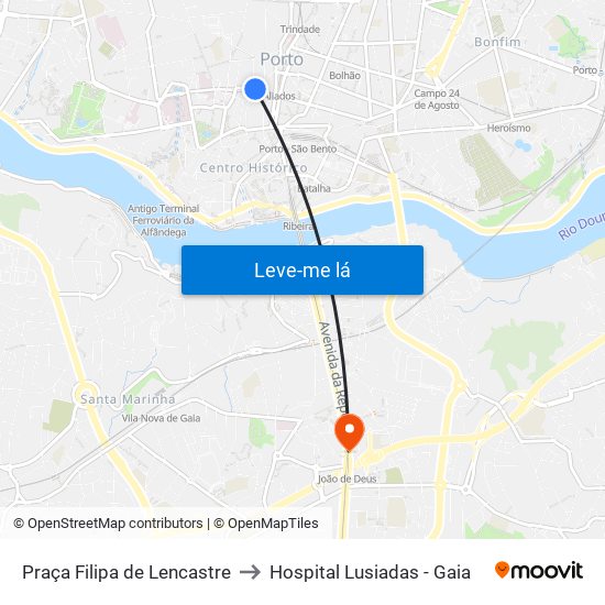 Praça Filipa de Lencastre to Hospital Lusiadas - Gaia map