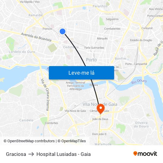 Graciosa to Hospital Lusiadas - Gaia map