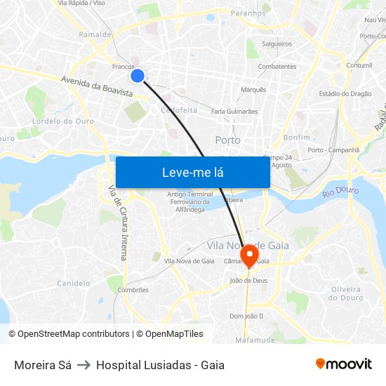Moreira Sá to Hospital Lusiadas - Gaia map