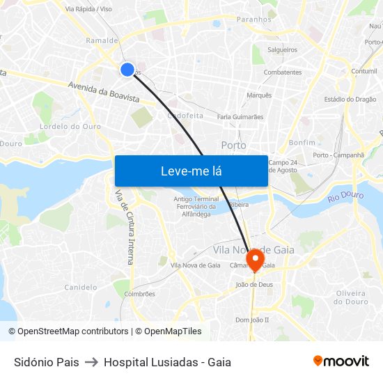 Sidónio Pais to Hospital Lusiadas - Gaia map