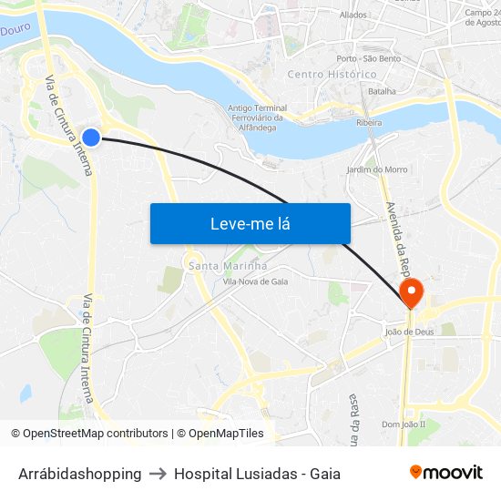 Arrábidashopping to Hospital Lusiadas - Gaia map