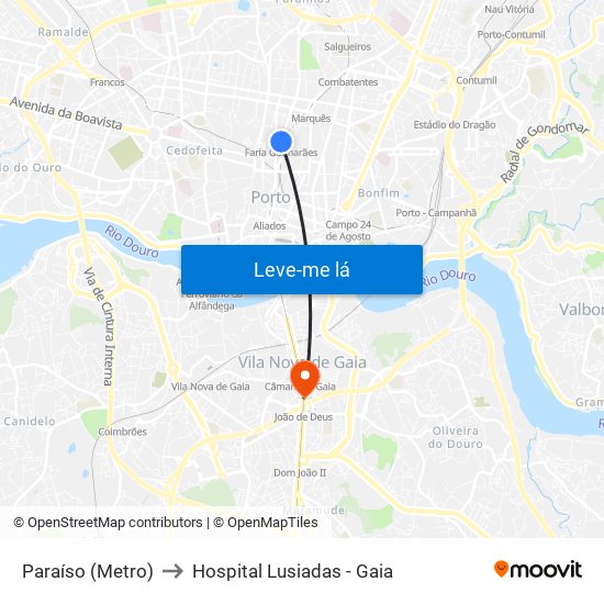 Paraíso (Metro) to Hospital Lusiadas - Gaia map