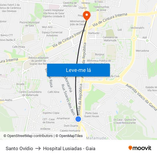 Santo Ovídio to Hospital Lusiadas - Gaia map
