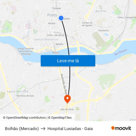 Bolhão (Mercado) to Hospital Lusiadas - Gaia map