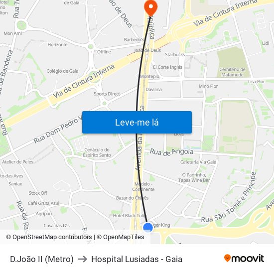 D.João II (Metro) to Hospital Lusiadas - Gaia map