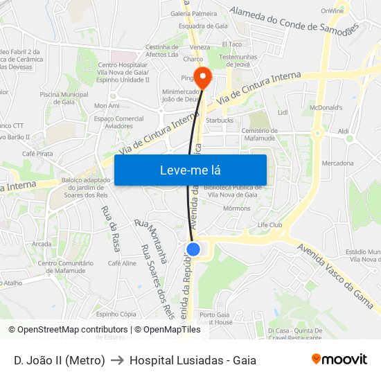 D. João II (Metro) to Hospital Lusiadas - Gaia map