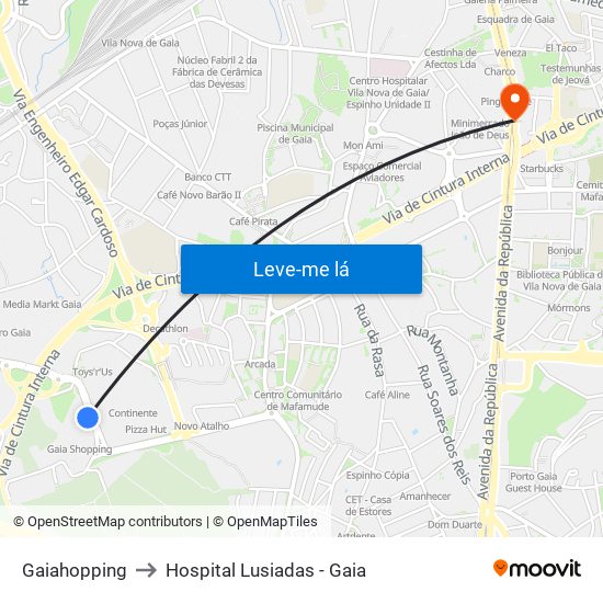 Gaiahopping to Hospital Lusiadas - Gaia map