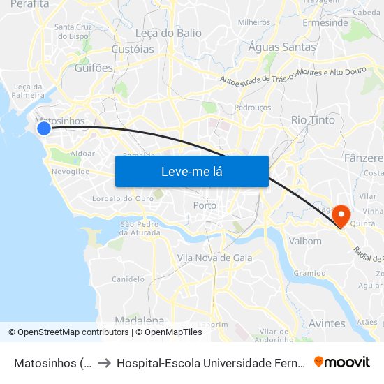 Matosinhos (Praia) to Hospital-Escola Universidade Fernando Pessoa map