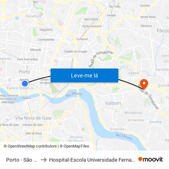 Porto - São Bento to Hospital-Escola Universidade Fernando Pessoa map