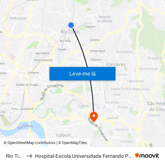 Rio Tinto to Hospital-Escola Universidade Fernando Pessoa map