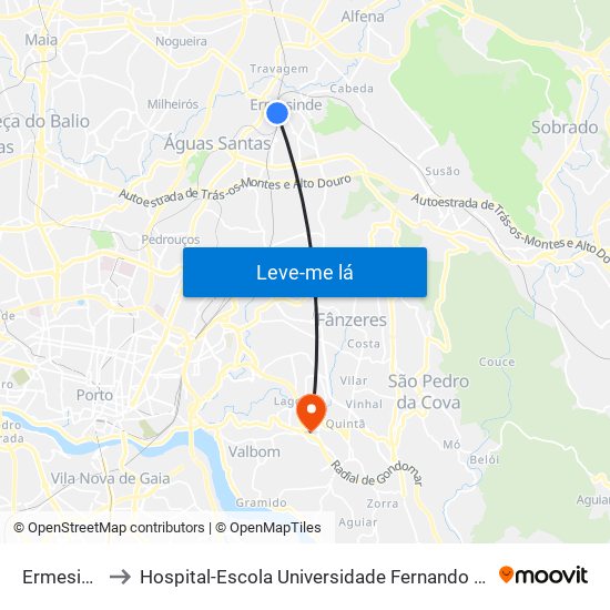 Ermesinde to Hospital-Escola Universidade Fernando Pessoa map