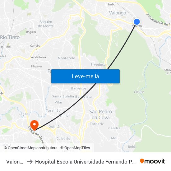 Valongo to Hospital-Escola Universidade Fernando Pessoa map