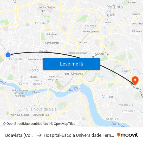 Boavista (Correios) to Hospital-Escola Universidade Fernando Pessoa map