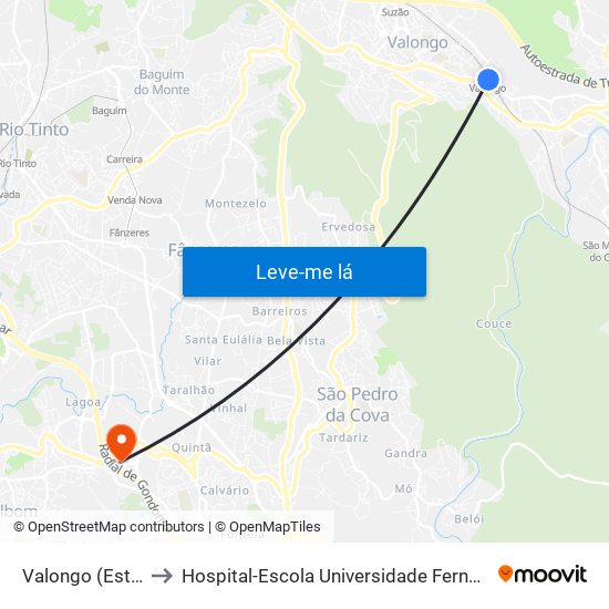 Valongo (Estação) to Hospital-Escola Universidade Fernando Pessoa map