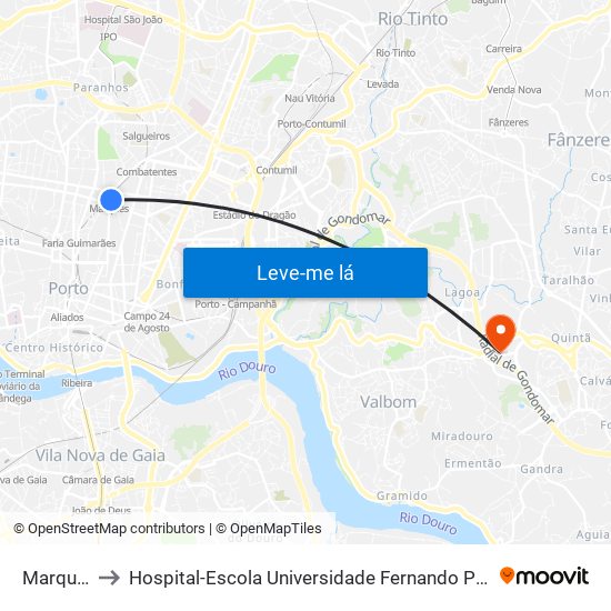 Marquês to Hospital-Escola Universidade Fernando Pessoa map