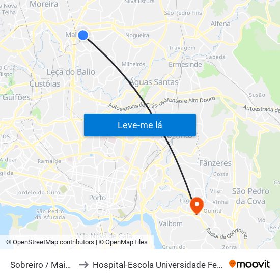 Sobreiro / Maia (Plaza) to Hospital-Escola Universidade Fernando Pessoa map