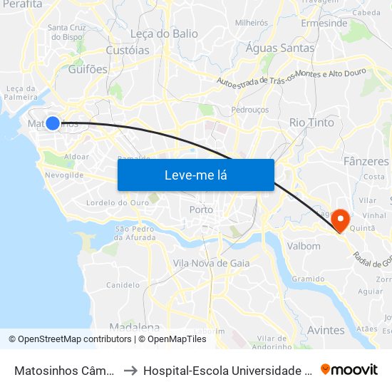 Matosinhos Câmara (Matc1) to Hospital-Escola Universidade Fernando Pessoa map