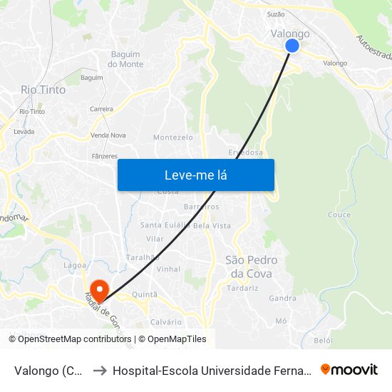Valongo (Centro) to Hospital-Escola Universidade Fernando Pessoa map