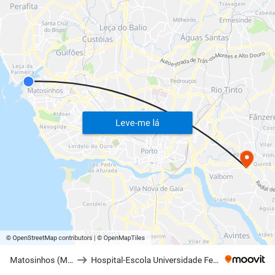 Matosinhos (Mercado) to Hospital-Escola Universidade Fernando Pessoa map