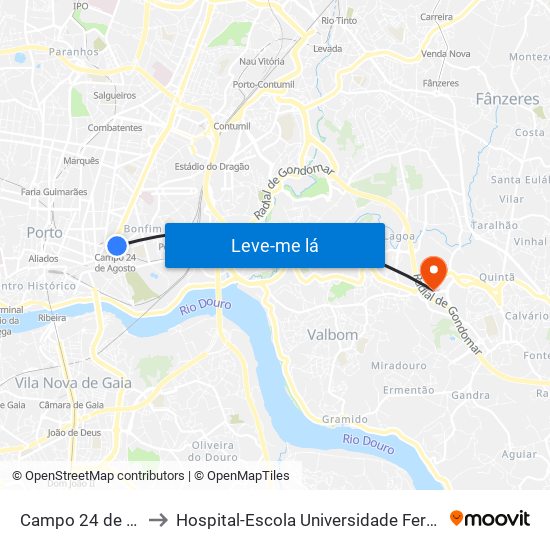 Campo 24 de Agosto to Hospital-Escola Universidade Fernando Pessoa map