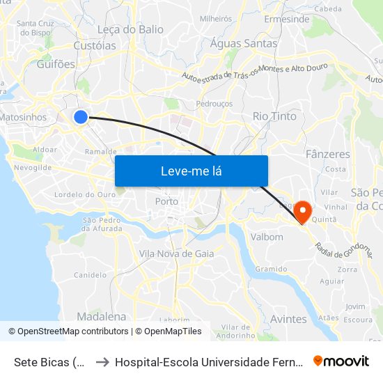 Sete Bicas (Metro) to Hospital-Escola Universidade Fernando Pessoa map