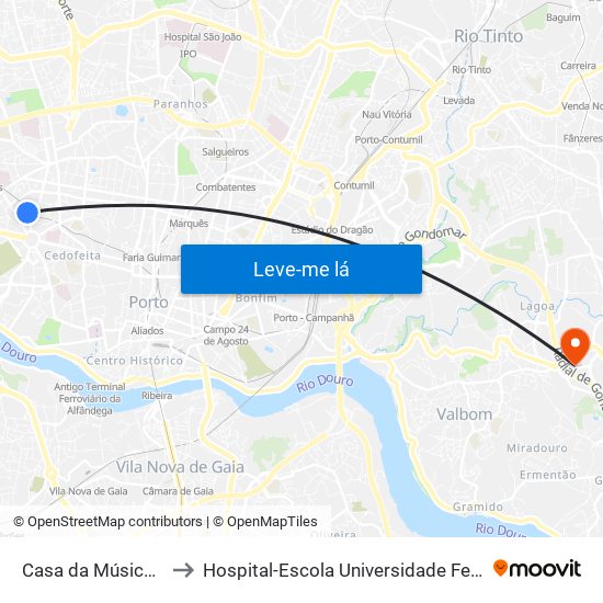 Casa da Música (Metro) to Hospital-Escola Universidade Fernando Pessoa map