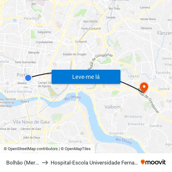 Bolhão (Mercado) to Hospital-Escola Universidade Fernando Pessoa map