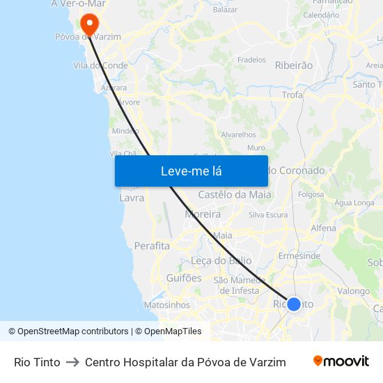 Rio Tinto to Centro Hospitalar da Póvoa de Varzim map