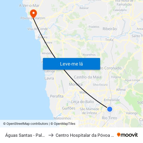 Águas Santas - Palmilheira to Centro Hospitalar da Póvoa de Varzim map