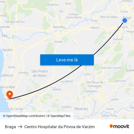 Braga to Centro Hospitalar da Póvoa de Varzim map