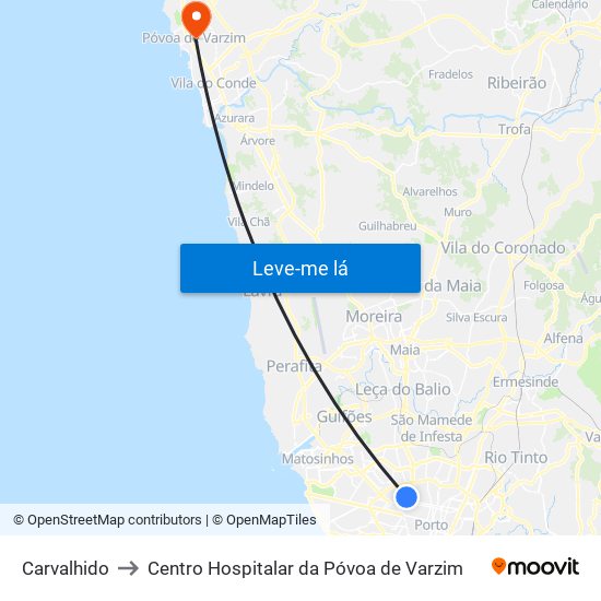 Carvalhido to Centro Hospitalar da Póvoa de Varzim map