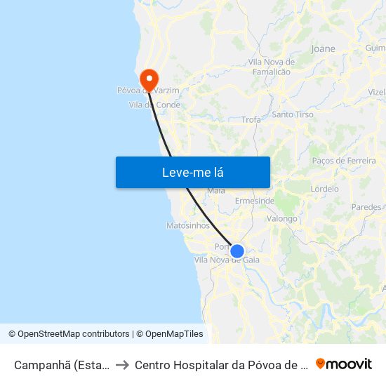 Campanhã (Estação) to Centro Hospitalar da Póvoa de Varzim map