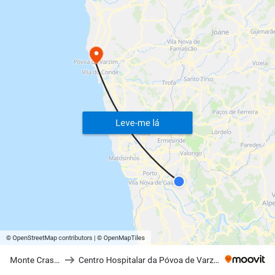 Monte Crasto to Centro Hospitalar da Póvoa de Varzim map