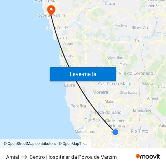 Amial to Centro Hospitalar da Póvoa de Varzim map