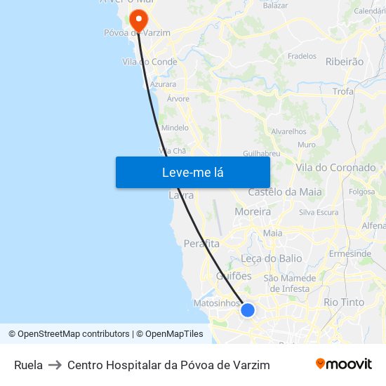 Ruela to Centro Hospitalar da Póvoa de Varzim map