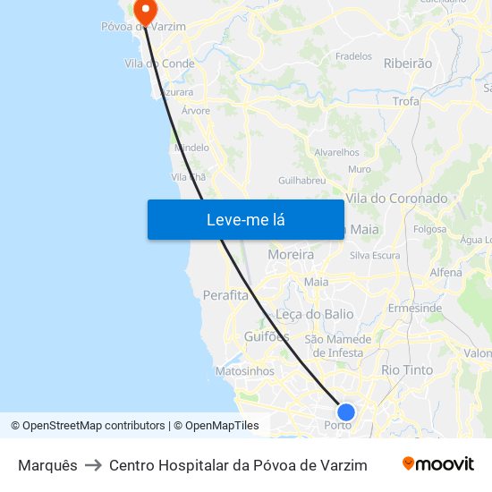 Marquês to Centro Hospitalar da Póvoa de Varzim map