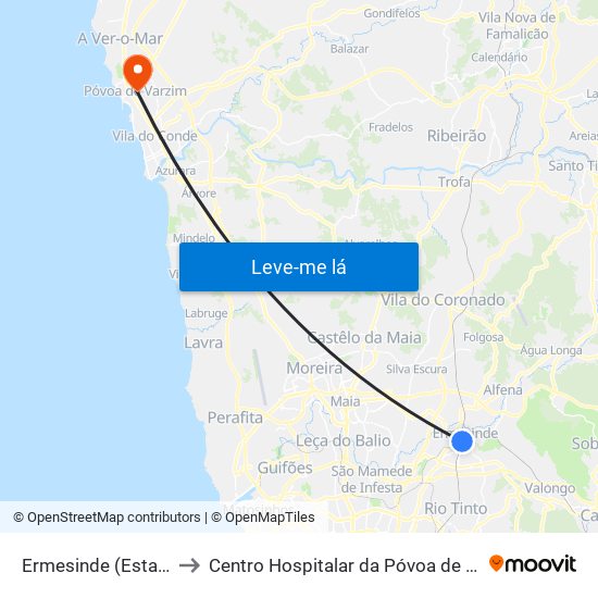 Ermesinde (Estação) to Centro Hospitalar da Póvoa de Varzim map