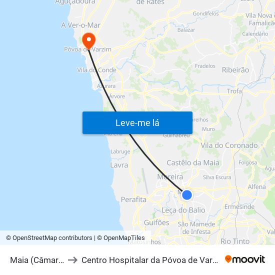 Maia (Câmara) to Centro Hospitalar da Póvoa de Varzim map