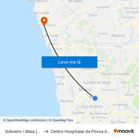 Sobreiro / Maia (Plaza) to Centro Hospitalar da Póvoa de Varzim map