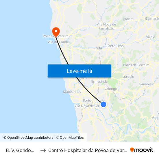 B. V. Gondomar to Centro Hospitalar da Póvoa de Varzim map